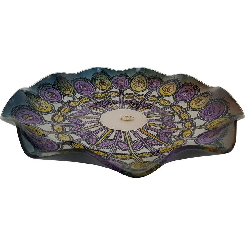 Vintage glass dish with floral design by Carlo Pagani 1950