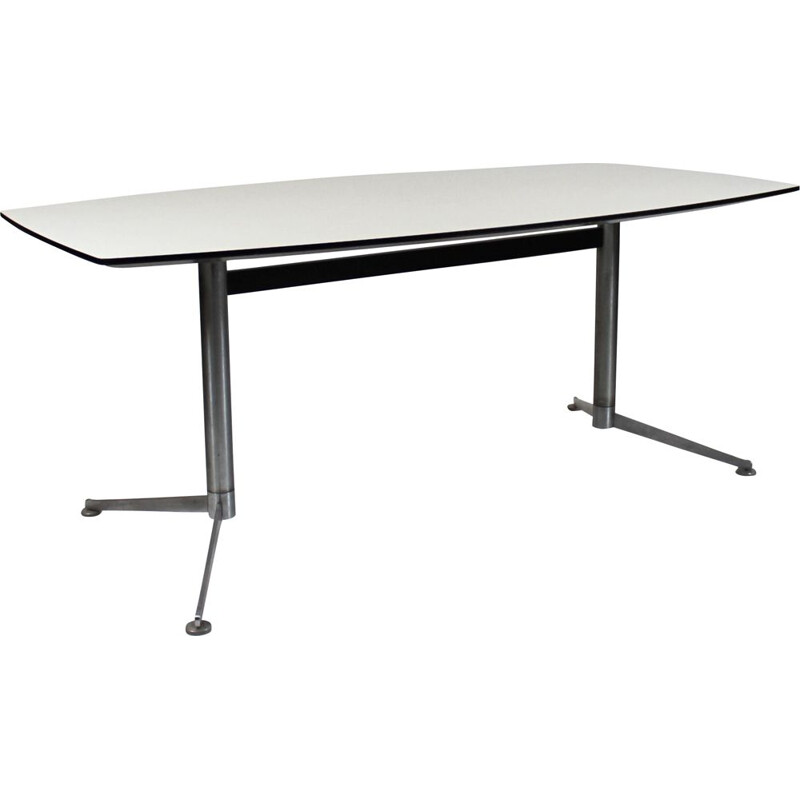 Vintage Dining table with white laminate and steel legs Charles and Ray Eames 2005