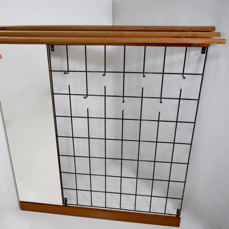 Vintage teak wall coat rack with mirror, Scandinavian, France and Son 1960