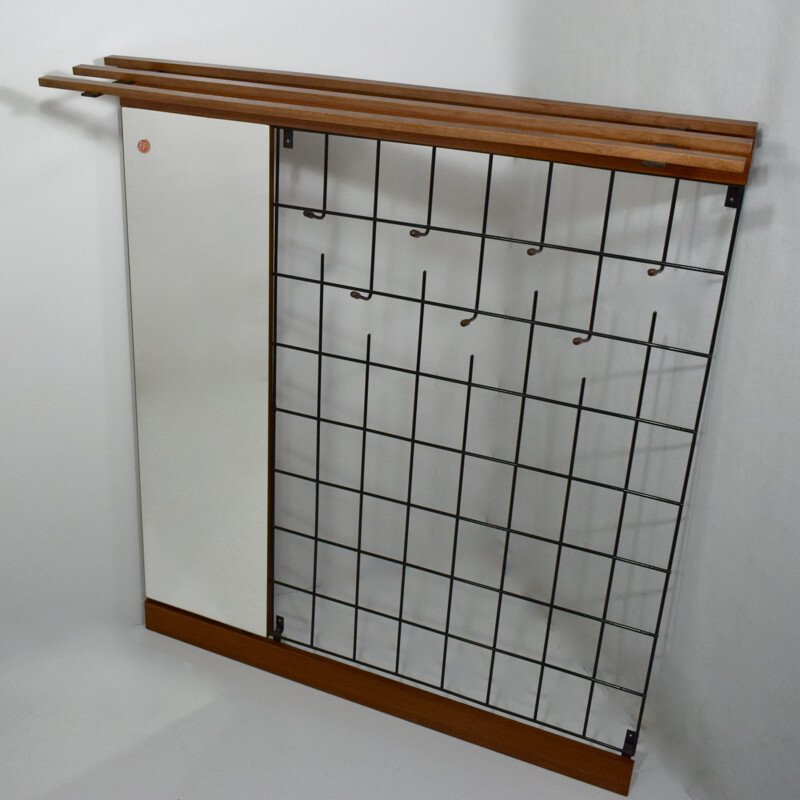 Vintage teak wall coat rack with mirror, Scandinavian, France and Son 1960