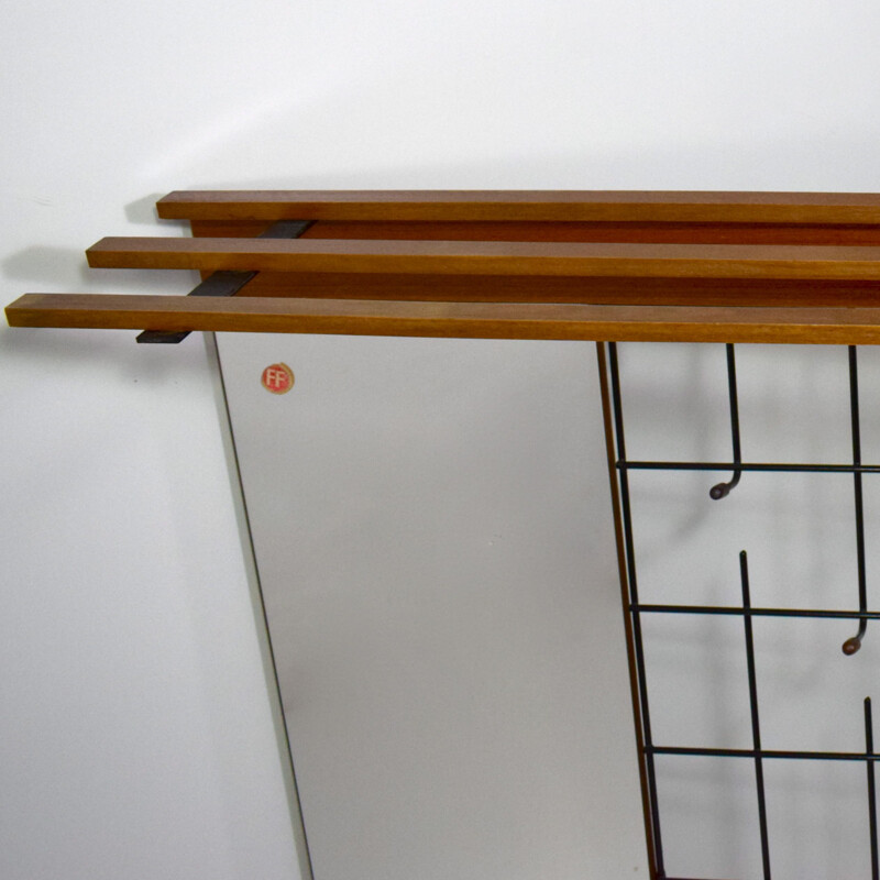 Vintage teak wall coat rack with mirror, Scandinavian, France and Son 1960