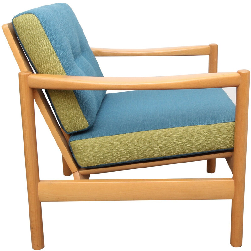 Vintage fauteuil in massief glanzend hout en blauwe en groene stof, 1960