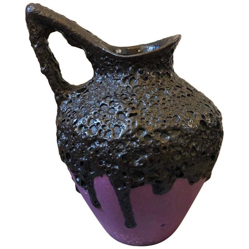 Cruche vintage en céramique de lave violette et noire allemande 1970