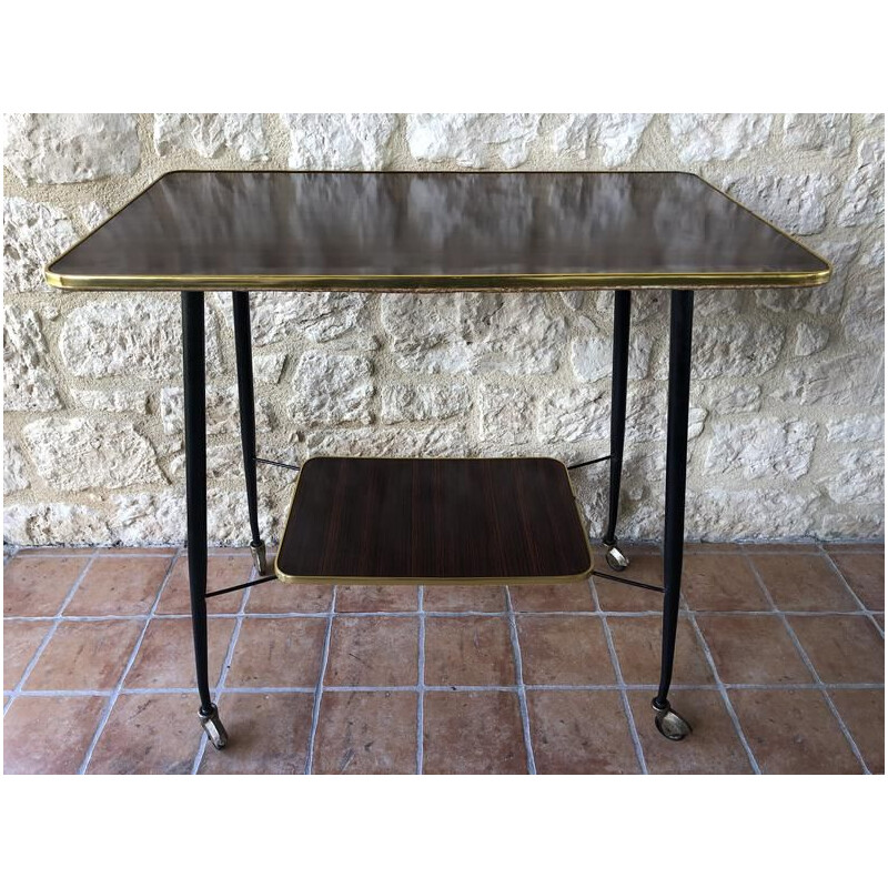 Mid-century, formica, brass and metal side table  TV stand on wheels 1960