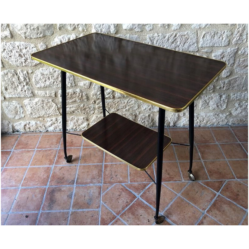 Mid-century, formica, brass and metal side table  TV stand on wheels 1960