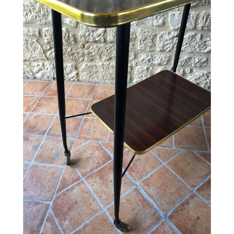 Mid-century, formica, brass and metal side table  TV stand on wheels 1960