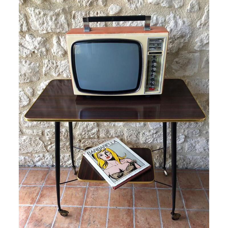 Mid-century, formica, brass and metal side table  TV stand on wheels 1960