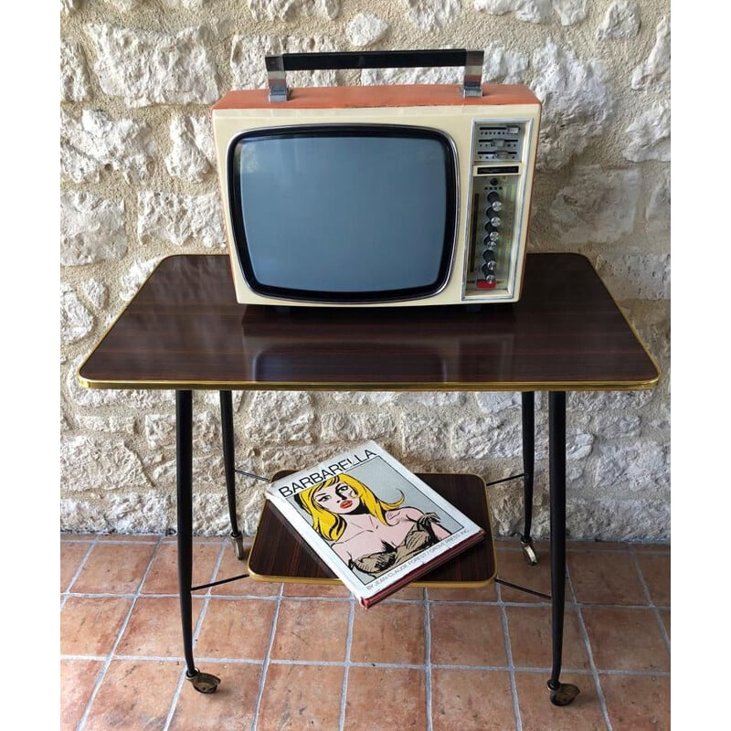 Table d'appoint vintage formica,en laiton et métal Support de télévision sur roulettes 1960