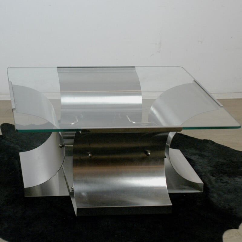 Table basse vintage française en chrome et verre, François MONNET - 1960