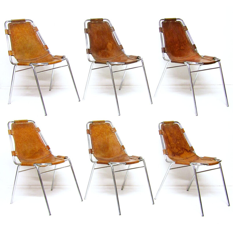 Set of 6 vintage chairs hide and chromed steel "Les Arcs" ski resort 1960s