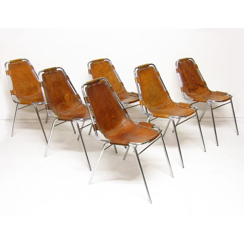 Set of 6 vintage chairs hide and chromed steel "Les Arcs" ski resort 1960s