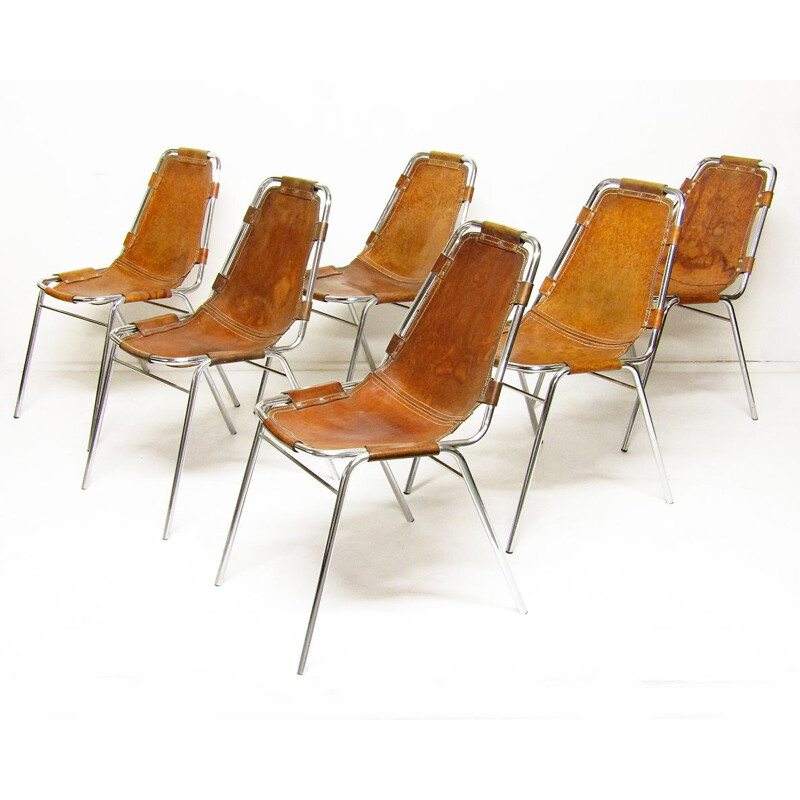 Set of 6 vintage chairs hide and chromed steel "Les Arcs" ski resort 1960s