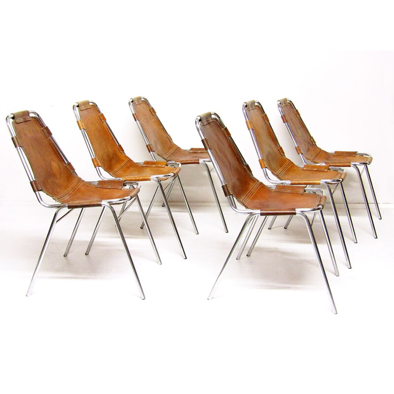 Set of 6 vintage chairs hide and chromed steel "Les Arcs" ski resort 1960s