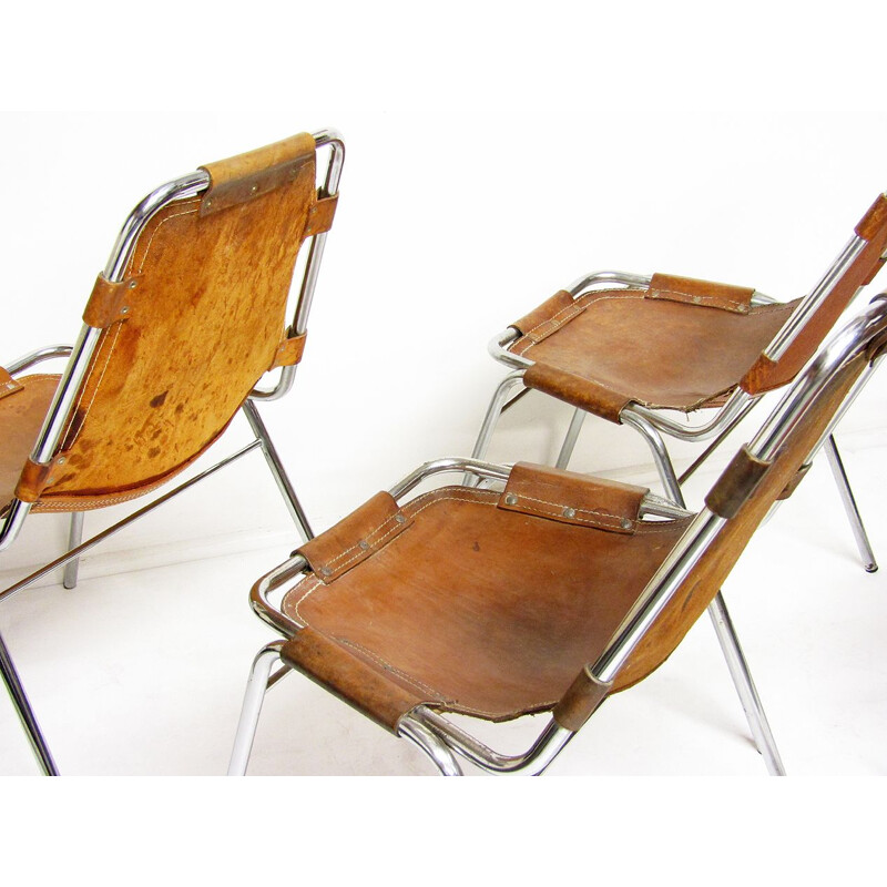 Lot de 6 chaises vintage en cuir et acier chromé Les Arcs pour Charlotte Perriand 1960