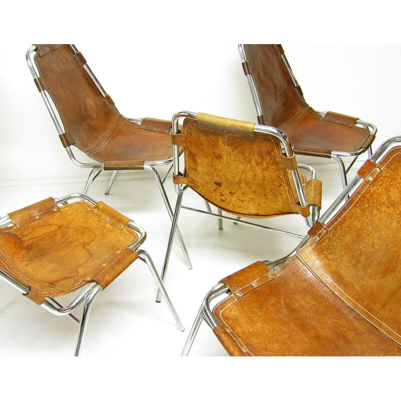 Lot de 6 chaises vintage en cuir et acier chromé Les Arcs pour Charlotte Perriand 1960