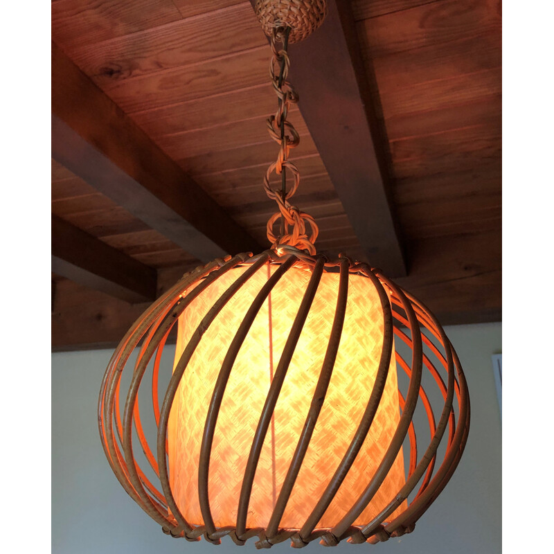 Large vintage rattan and bamboo hanging lamp 1960