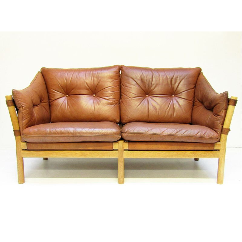 Vintage 'Ilona' Sofa Loveseat In Tan Leather By Arne Norell 1960s