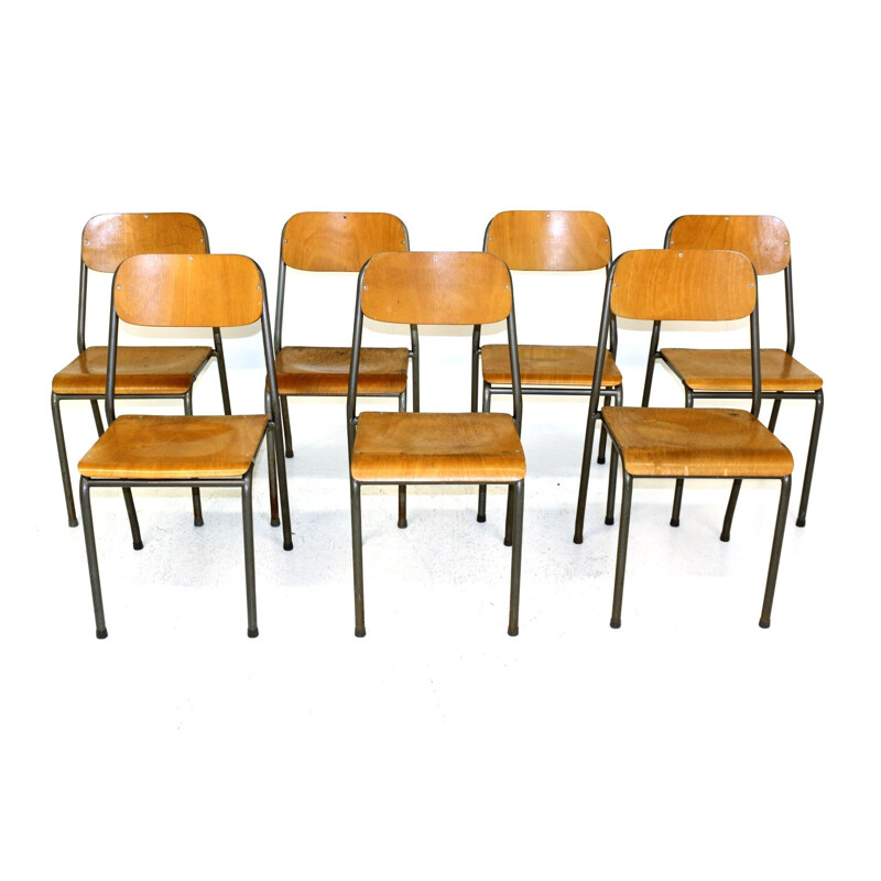 Set of 7 vintage school chairs Sweden 1950