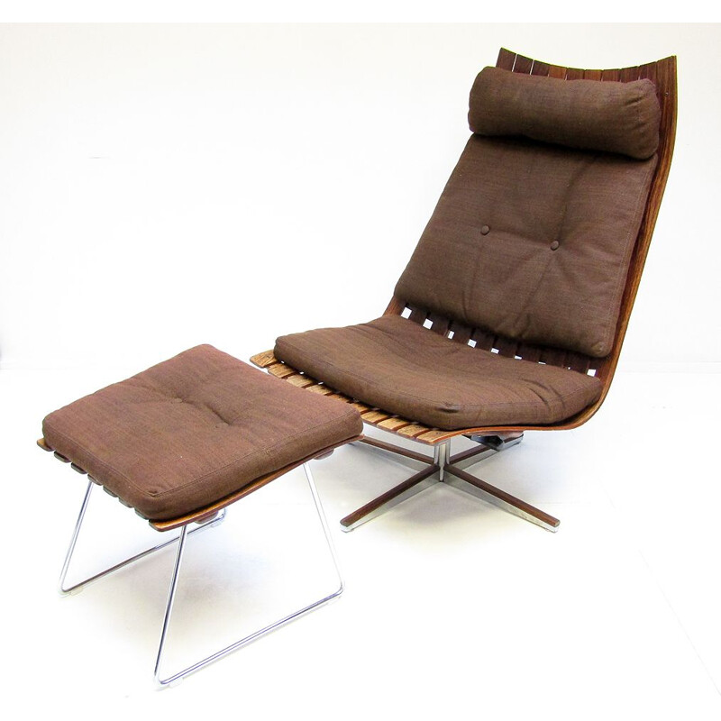 Scandia" vintage lounge stoel en poef van Hans Brattrud 1960