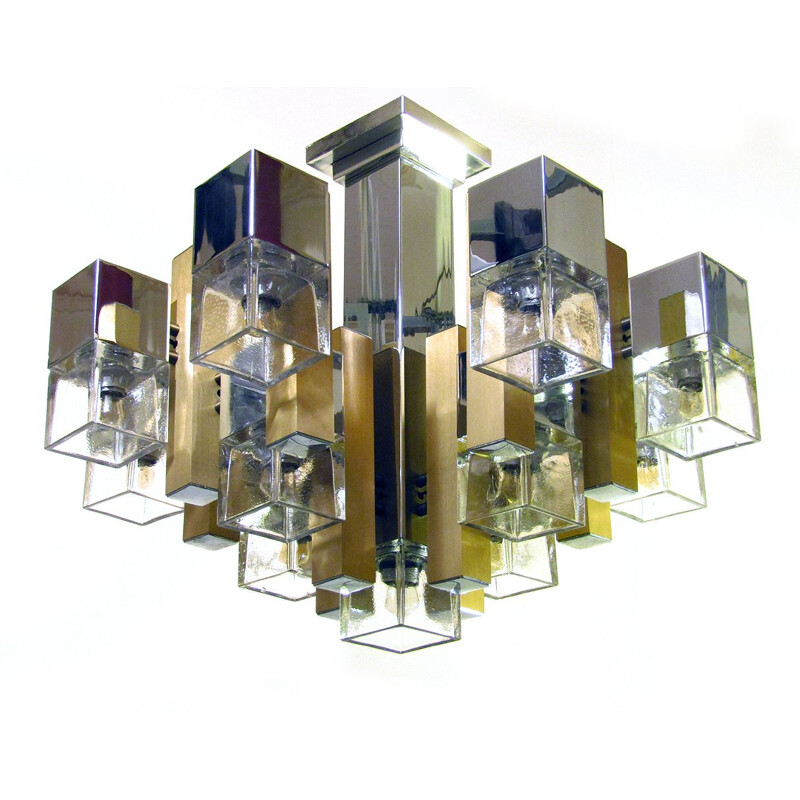 Lustre cubique vintage en chrome, laiton et verre par Gaetano Sciolari 1960s