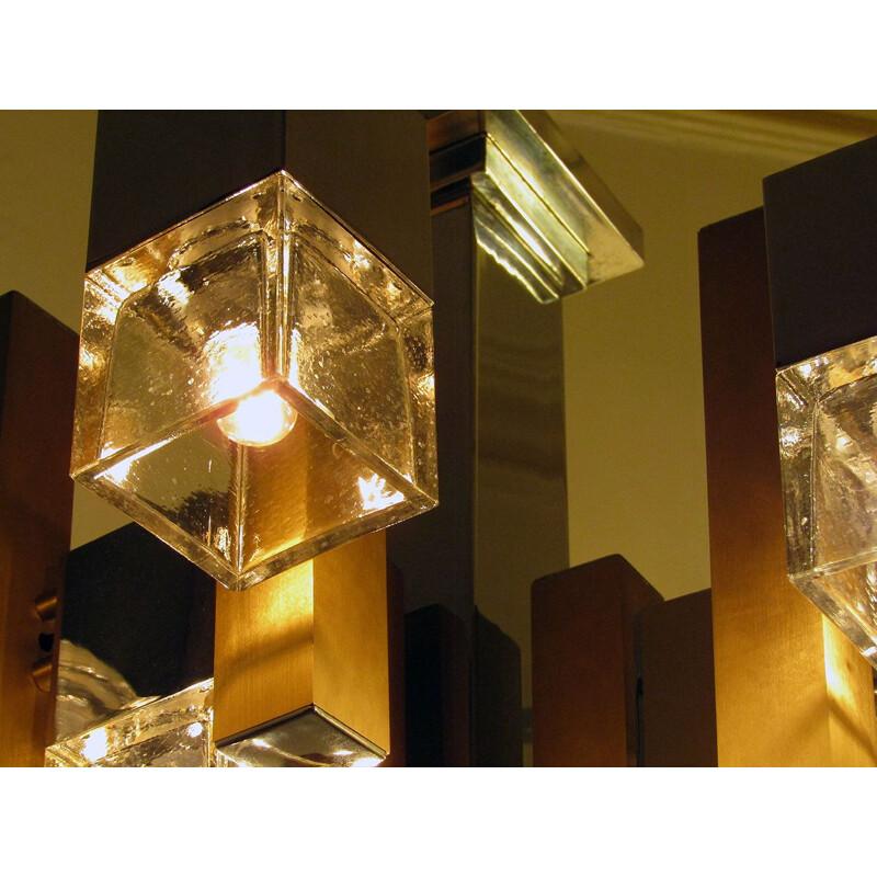 Lustre cubique vintage en chrome, laiton et verre par Gaetano Sciolari 1960s