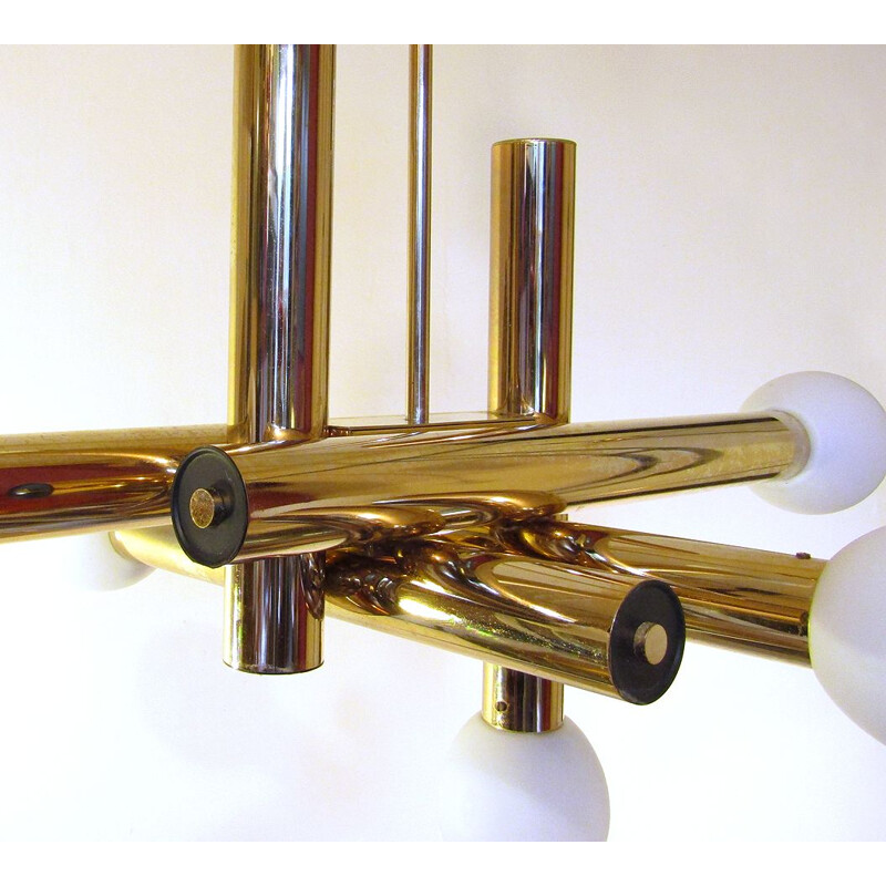 Vintage Sculptural  Space Age Chandelier in Brass & Glass by Gaetano Sciolari 1970s