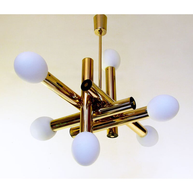 Vintage Sculptural  Space Age Chandelier in Brass & Glass by Gaetano Sciolari 1970s