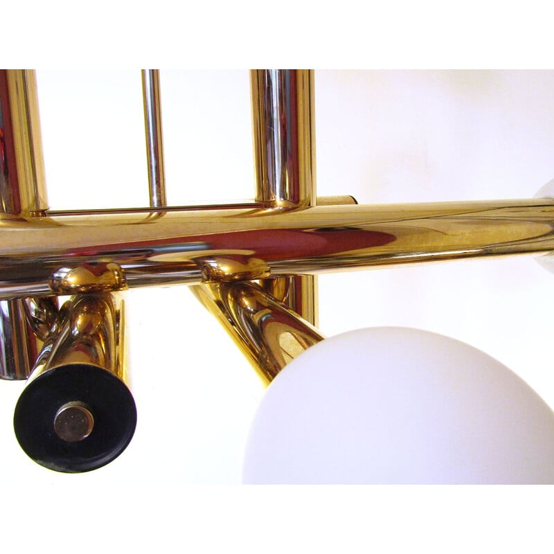 Vintage Sculptural  Space Age Chandelier in Brass & Glass by Gaetano Sciolari 1970s