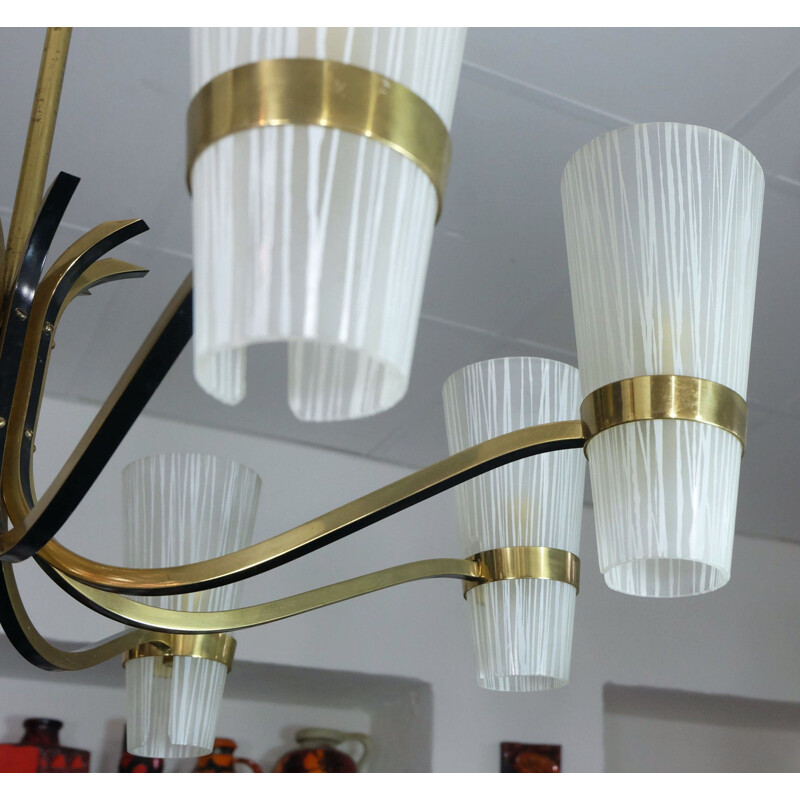 Vintage white chandelier in brass and glass - 1950s