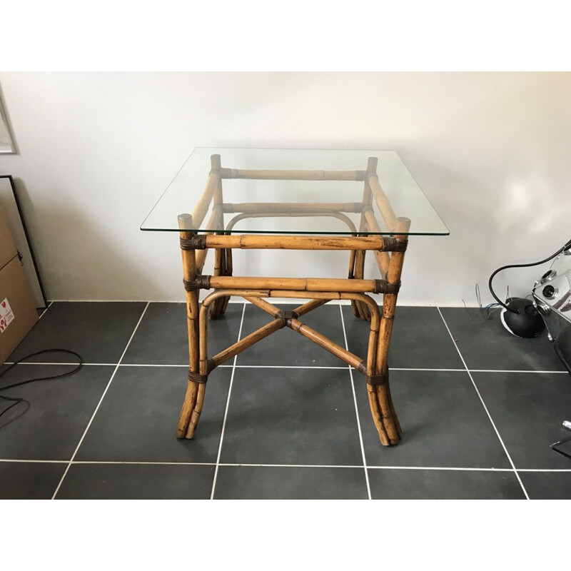 Vintage table  rattan and glass dining 1950