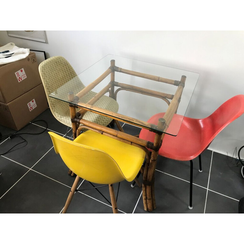 Vintage table  rattan and glass dining 1950