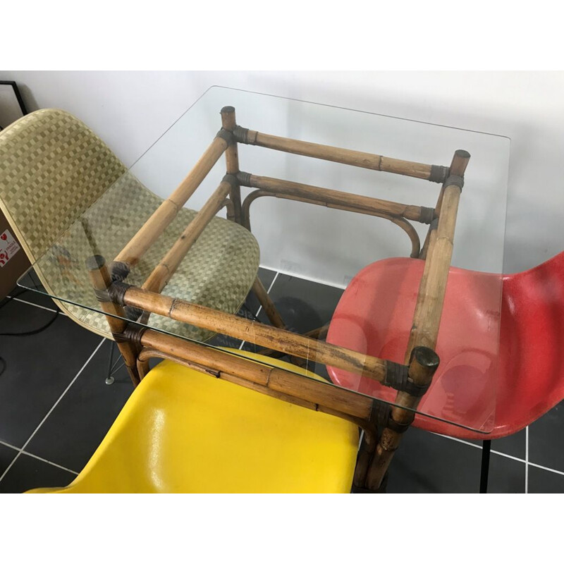 Vintage table  rattan and glass dining 1950