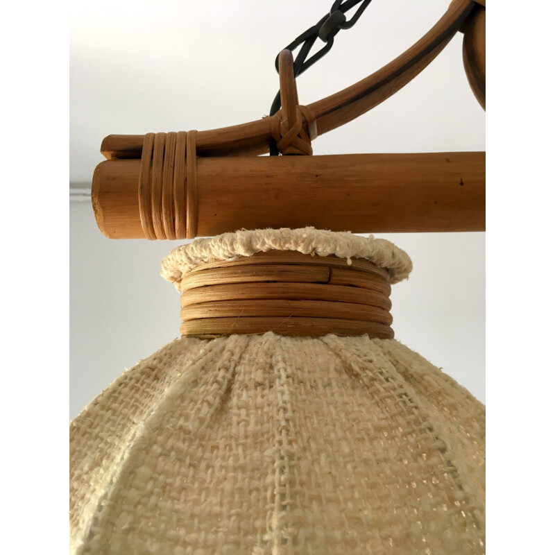 Vintage bamboo and rattan hanging lamp 1970