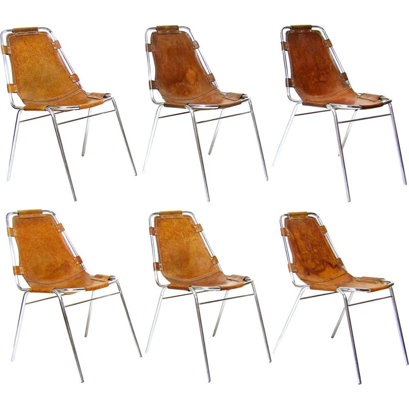 Lot de 6 chaises vintage en cuir et acier chromé Les Arcs pour Charlotte Perriand 1960
