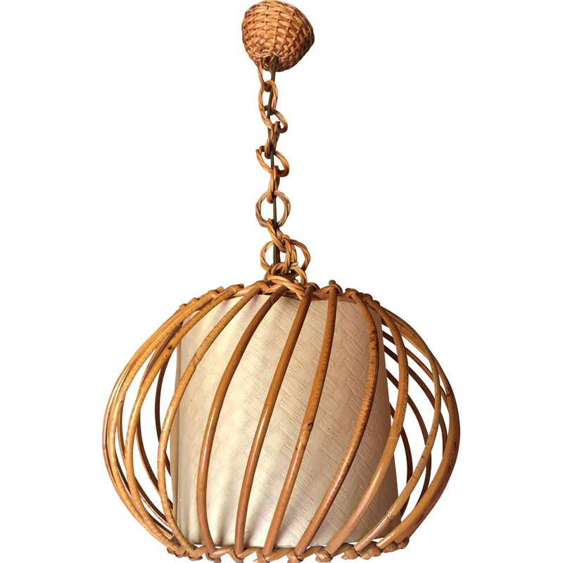 Large vintage rattan and bamboo hanging lamp 1960