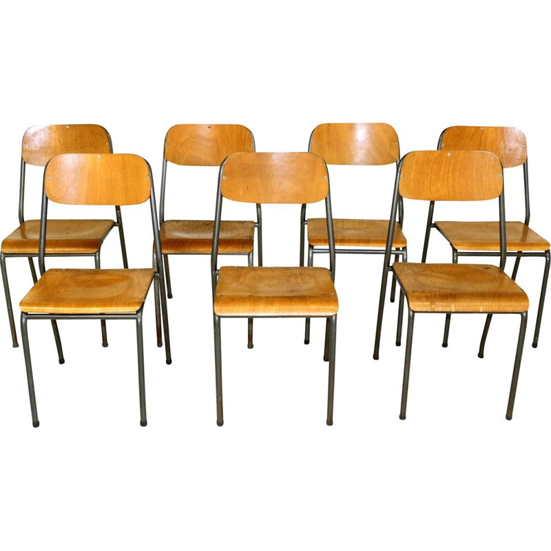 Set of 7 vintage school chairs Sweden 1950