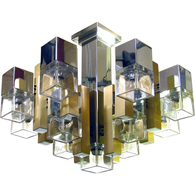 Vintage Cubic Chandelier In Chrome, Brass & Glass By Gaetano Sciolari 1960s