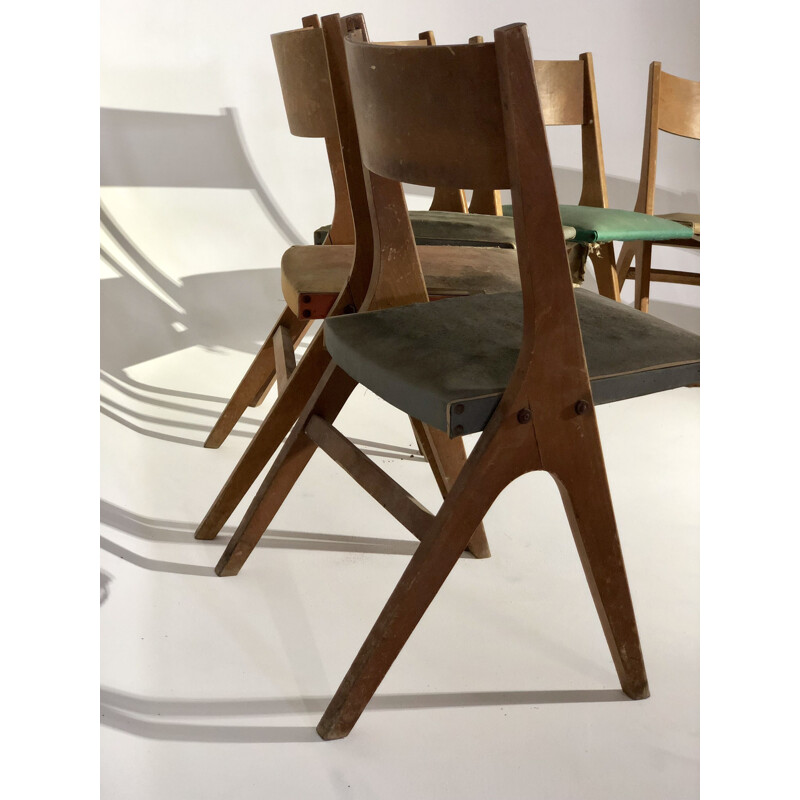Suite de 6 chaises vintage en tissu et chêne
