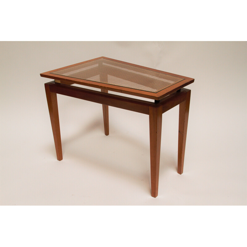 Vintage side table in beech and French wickerwork 1950