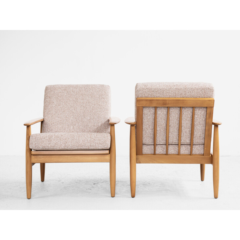 Pair of vintage beechwood and fabric armchairs, Denmark 1960