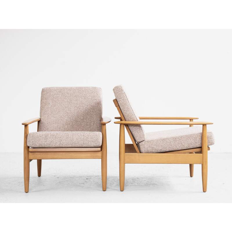 Pair of vintage beechwood and fabric armchairs, Denmark 1960