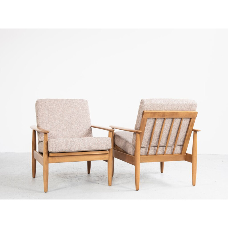 Pair of vintage beechwood and fabric armchairs, Denmark 1960