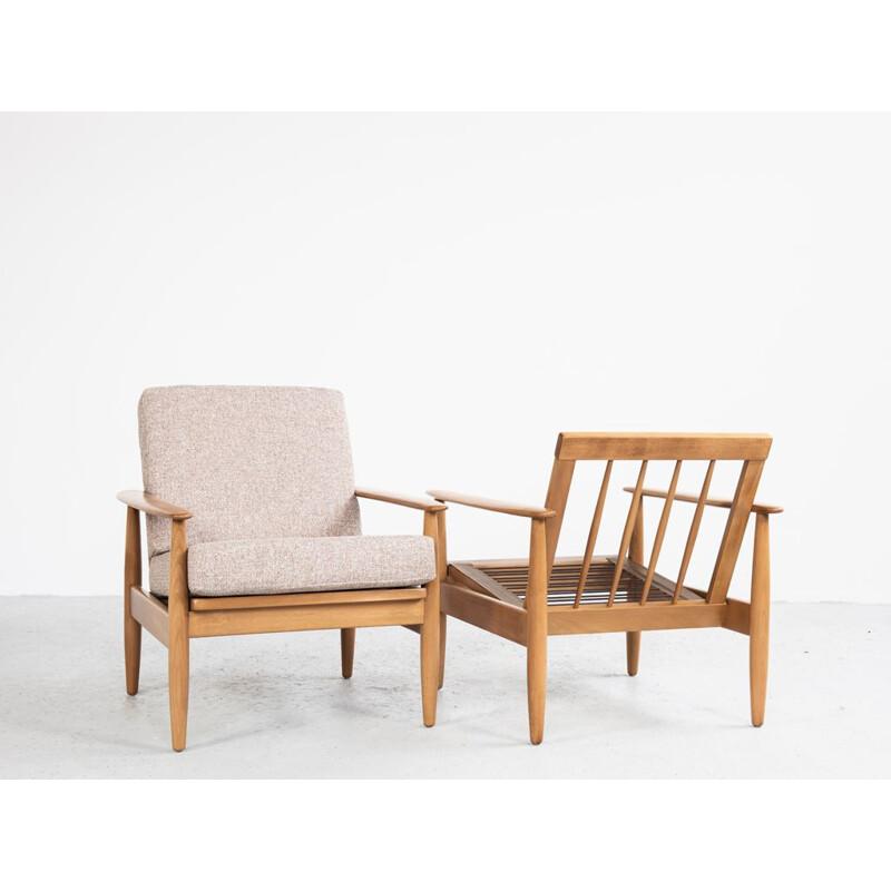 Pair of vintage beechwood and fabric armchairs, Denmark 1960