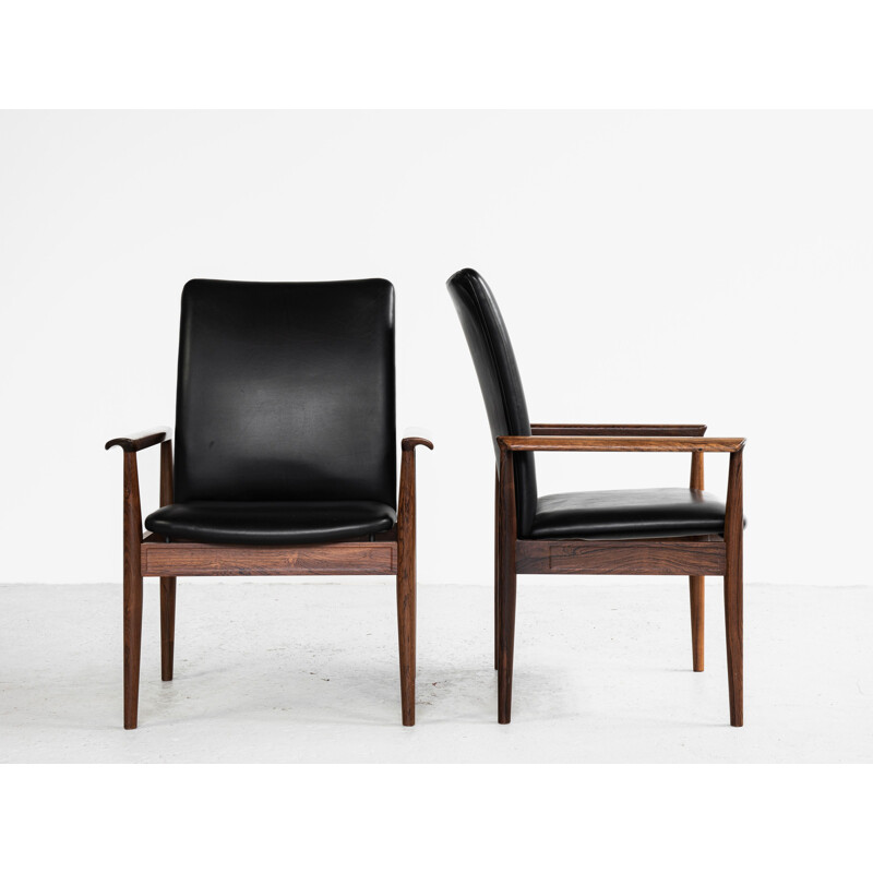 Pair of vintage high back chairs in rosewood and black leather by Finn Juhl for France & Søn 1960s