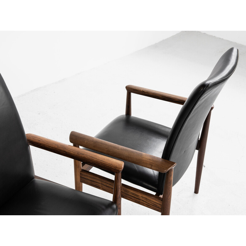 Pair of vintage high back chairs in rosewood and black leather by Finn Juhl for France & Søn 1960s