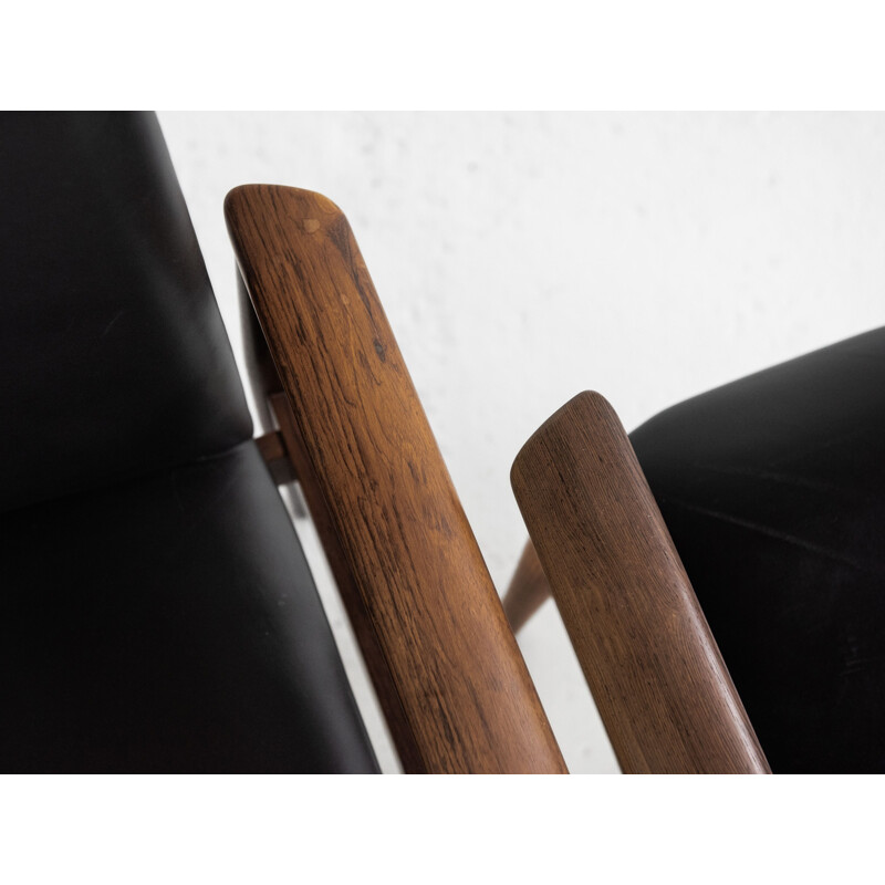 Pair of vintage high back chairs in rosewood and black leather by Finn Juhl for France & Søn 1960s