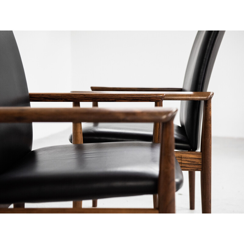 Pair of vintage high back chairs in rosewood and black leather by Finn Juhl for France & Søn 1960s