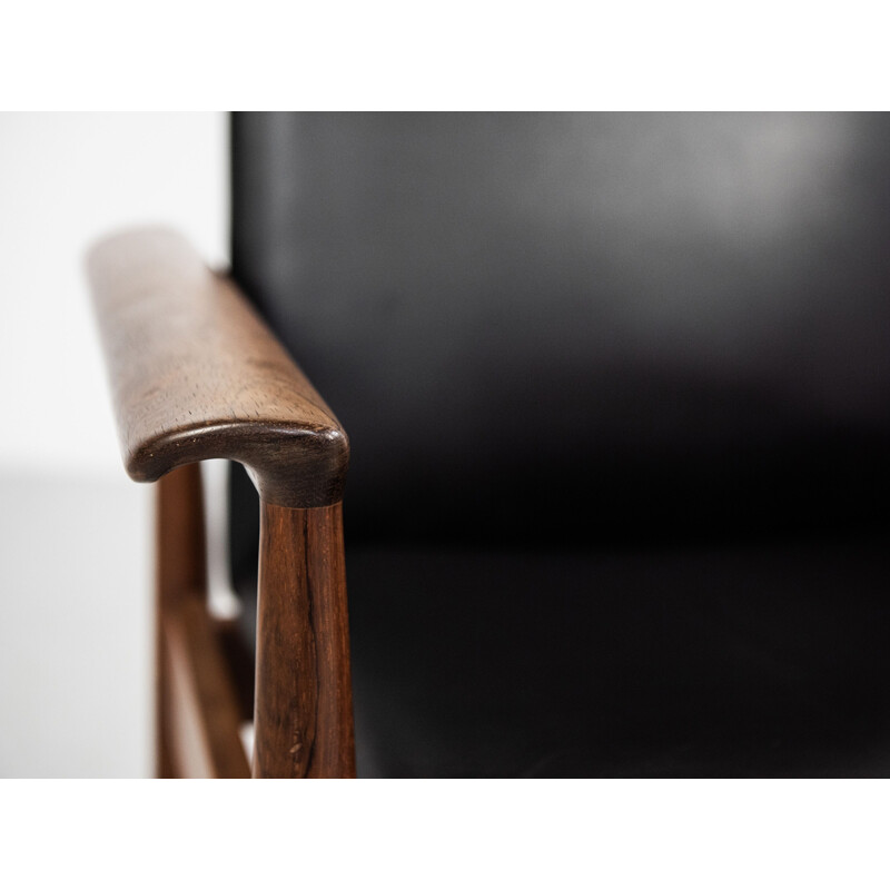 Pair of vintage high back chairs in rosewood and black leather by Finn Juhl for France & Søn 1960s