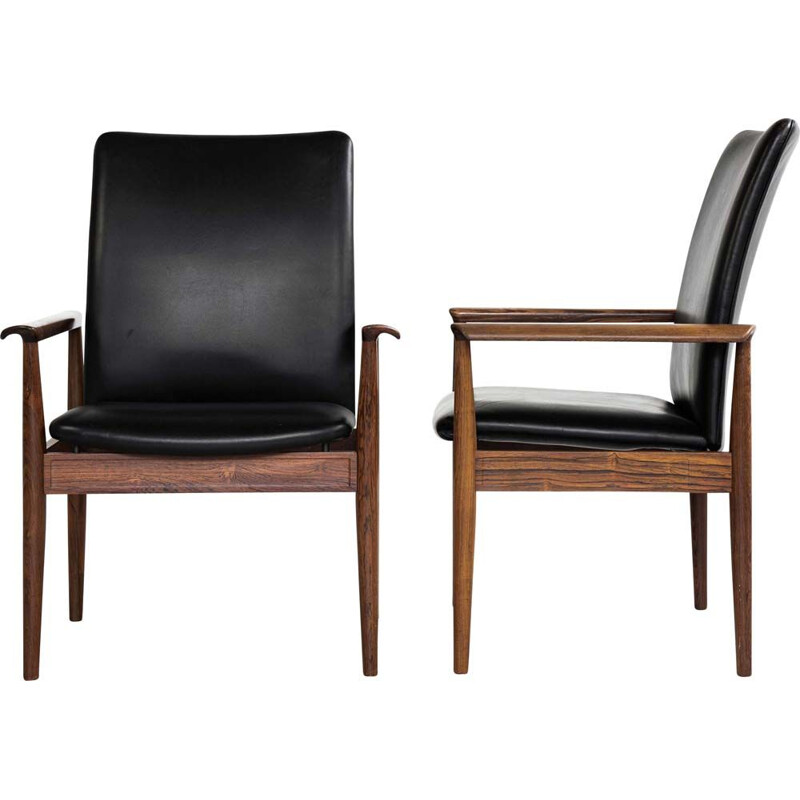 Pair of vintage high back chairs in rosewood and black leather by Finn Juhl for France & Søn 1960s