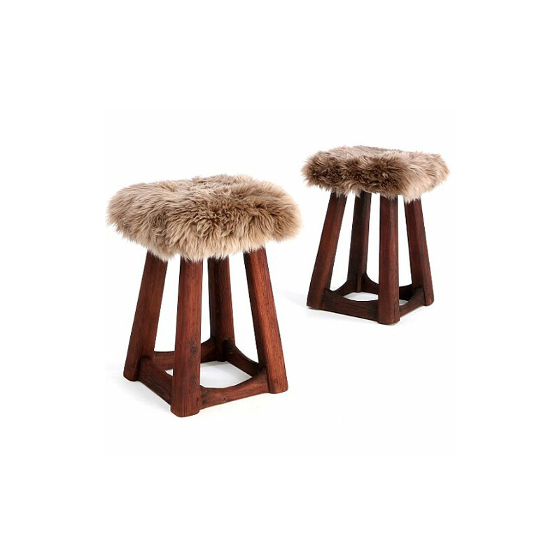 Pair of Scandinavian stools in sheep skin - 1960s